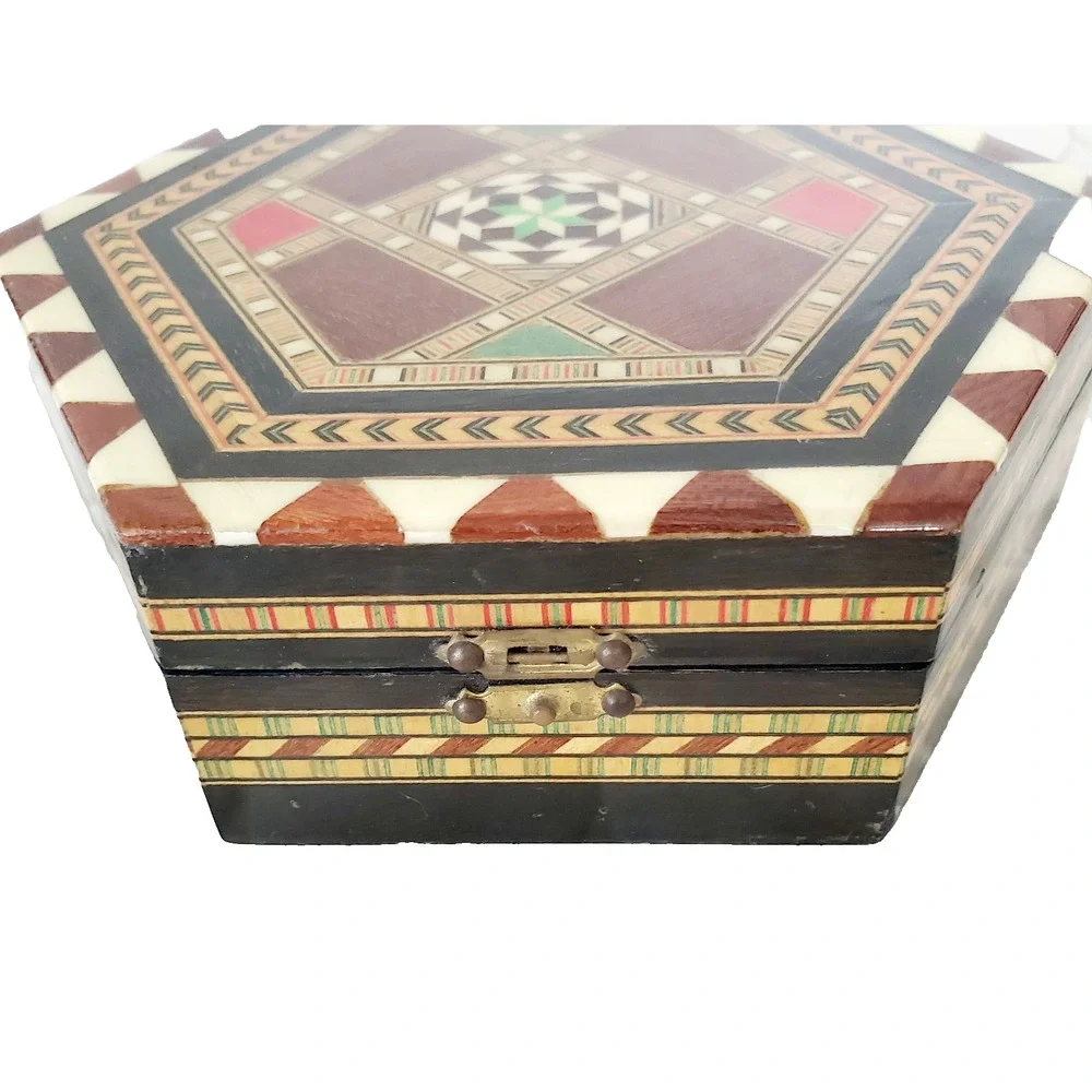 Vintage Spanish Marquetry Trinket Box| Hexagon Jewelry Inlaid Wood Taracea